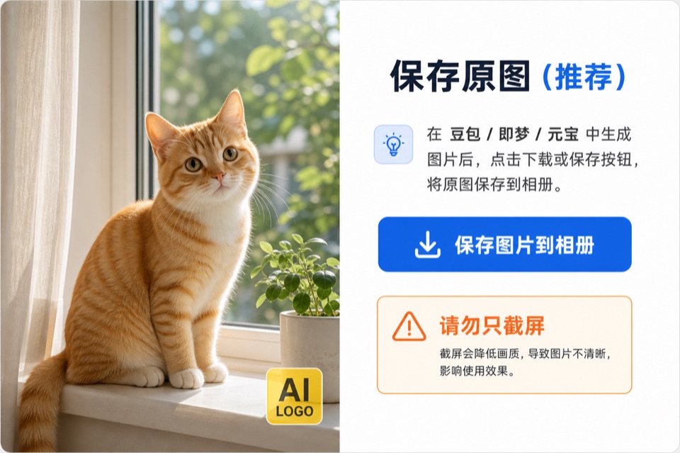 AI生图去水印教程：在豆包等平台保存原图而不是截屏示意图